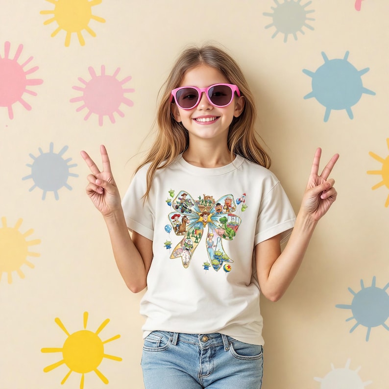 May include: A light-colored t-shirt featuring a colorful bow design with various cartoon characters. The girl is wearing pink sunglasses and blue jeans. The background is a light beige color with colorful sun and starburst shapes.