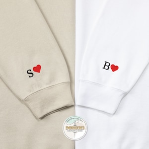 Custom Embroidered Initial Heart Sweatshirt, Couple Sweatshirt, Initial On Sleeve, Couple&#39;s Sweatshirt, Anniversary, Valentines Day, Couple