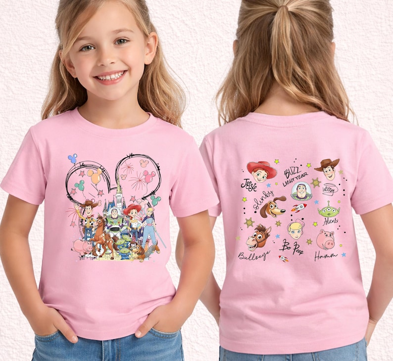 Disney Toy Story Signatures 2 Sides Kids Shirt, Buzz Lightyear Tee, Sheriff Woody Tee, Jessie Shirt, Slinky Dog Tee, Bo Peep Tee, Hamm Shirt image 1