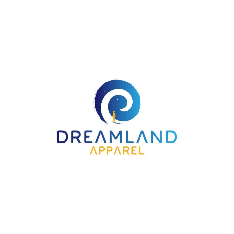 May include: A blue and white swirl design with a stylized person walking into the center of the swirl. The text "DREAMLAND APPAREL" is below the swirl.