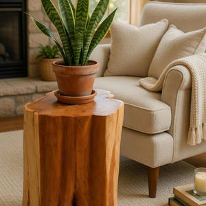 May include: A wooden side table with a potted snake plant, set in a living room. The table has a natural, irregular shape. A cream armchair and a fireplace are visible in the background.