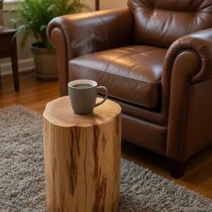May include: A natural wood side table with a cylindrical shape, featuring visible wood grain and a coffee mug on top. The table sits on a gray rug, with a brown leather armchair in the background.