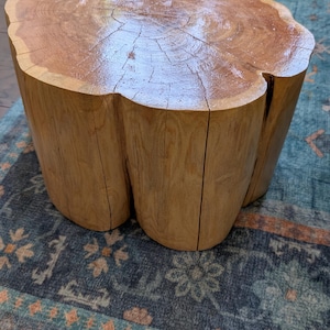 May include: A natural wood stump side table with a smooth, polished top surface showing visible tree rings and deep cracks. The cylindrical base features light brown bark-like texture with vertical fissures and a glossy finish throughout.