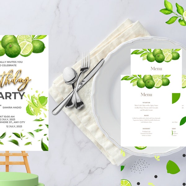 LIME MENU & Birthday Menu Card - Invitation card menu -Editable Ladies Night Slim Cards Printable Template - Instant Download 5x7-13-17