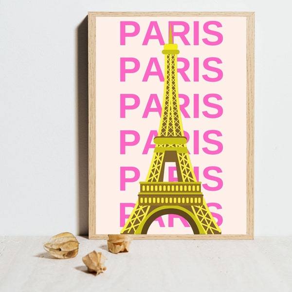 Paris Stadt Reise Poster | Digitale Kunst Download | Rosa Gelb Paris Reise Ausstellungsdruck | Niedliche trendige Wandkunst
