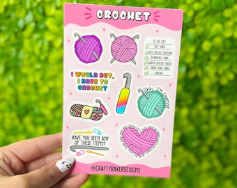 Hoja de pegatinas de crochet, pegatinas para artesanos, amantes del crochet, pegatinas de hilo, idea de regalo, pegatinas lindas para crocheteros, idea de regalo para artesanos.
