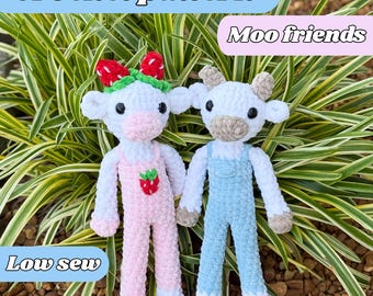 Padrão de crochê de vaca com costura baixa, padrão de crochê de vaca com morango, padrão de crochê amigurumi, mercado de crochê fácil para iniciantes