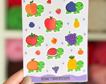 Hoja de pegatinas de tortuga de frutas para amantes de las tortugas, pegatinas de frutas, pegatinas de verano, pegatinas de diario basura, pegatinas de fresa, pegatinas para scrapbooking