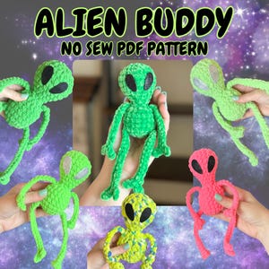 May include: A collection of handmade crochet alien figures in various colors, including green, pink, and yellow. Each alien has large black eyes and long limbs. The text "ALIEN BUDDY NO SEW PDF PATTERN" is displayed at the top of the image.