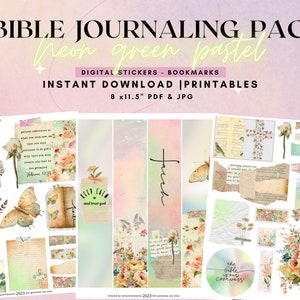 Bible Journaling Digital Stickers & Bookmarks | Bible Art Printables |Neon Green Pastel Set
