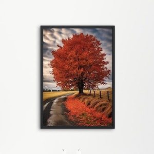 Red Maple Tree Wall Art For Living Room Painting Impressionist Landscape Art Entryway Wall Decor Printable Art Digital Download Poster #1