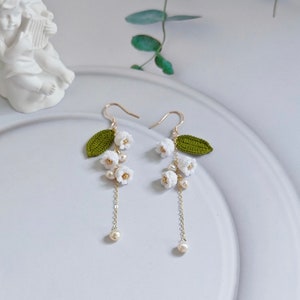 Lily of the valley micro crochet earrings, Microcrochet earrings, handmade earrings, valentines gift, gift for her, holiday gift