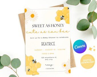 Bee Baby Shower Invitation Template, Sweet As Can Bee, Gender Neutral Bee Baby Shower Invite, Printable, Editable, Spring, Canva