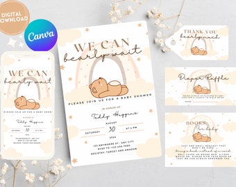 Bear Baby Shower Invitation Template, We Can Bearly Wait, Gender Neutral Baby Bear Invite, Printable, Editable, Teddy Bear, Rainbow, Canva
