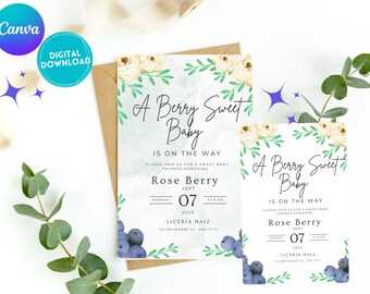 Editable Berry Sweet Baby Shower Invitation Template, A Berry Sweet Baby Is On The Way, Blueberry Baby Shower, Printable, Spring, Canva
