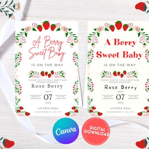 Editable Strawberry Baby Shower Invitation Template, A Berry Sweet Baby Is On The Way, Berry Sweet Baby Shower, Printable, Spring, Canva