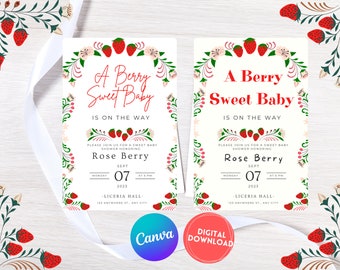 Editable Strawberry Baby Shower Invitation Template, A Berry Sweet Baby Is On The Way, Berry Sweet Baby Shower, Printable, Spring, Canva