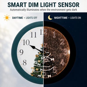 May include: A round wall clock with a smart dim light sensor featuring a Christmas tree graphic. The left side shows daytime with lights off, and the right side shows nighttime with lights on. Text reads: SMART DIM LIGHT SENSOR, DAYTIME, NIGHTTIME, and Merry Christmas.