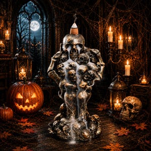 May include: A metallic gold and black incense burner shaped like a stack of human skulls. A cone incense sits on the top skull, releasing white smoke that cascades down the front of the sculpture, flowing over the carved skull details.