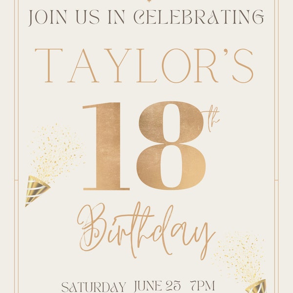 Elegant Pastel Sand Beige and Gold 18th Birthday Invitation Girl Editable Invitation Template Instant Digital Download Printable Invitation