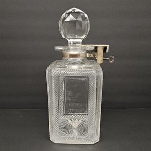 Antique Locking Crystal Decanter - Key Included and Working - Marked Bentjemann&#39;s Patent - Barware Bottle - Whiskey Gin Square Carafe