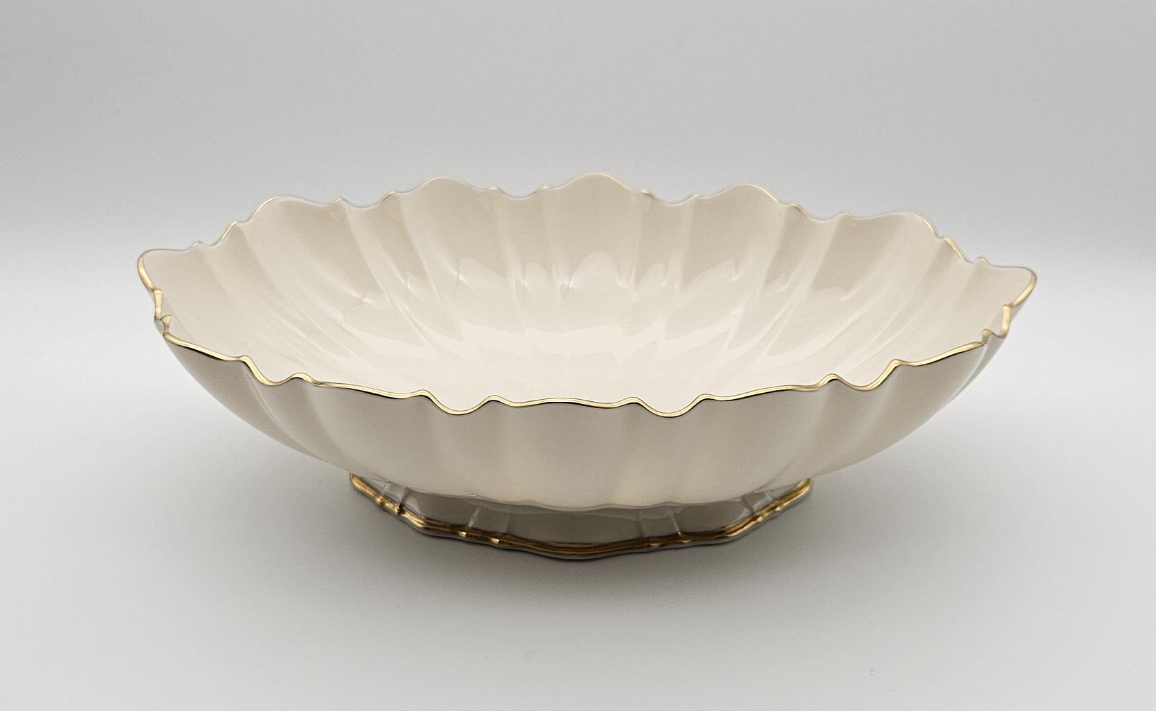 Lenox Centerpiece Bowl - Symphony Gold Trim Collection - Ivory Scalloped Rim Porcelain Bowl - Made in USA - Excellent Condition