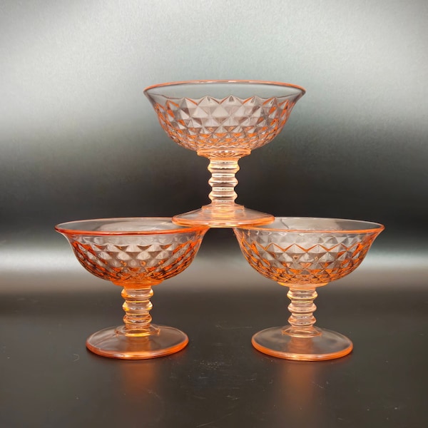 Vintage Pink Champagne / Sherbet Glass - Imperial Diamond Quilted Depression Glass - Footed Dessert Cups - Sorbet - 1930s