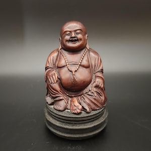 Vintage Hand Carved Boxwood Statue Laughing Buddha - Asian Sculpture - Natural Wood Figure Happy Buddha - Wooden - Handcrafted - with base