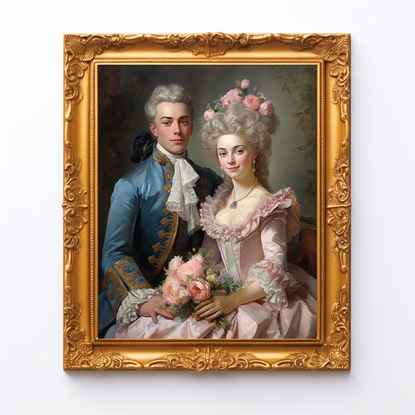 Rococo Couple Portrait - Art Print - Peinture à l'huile, Rococo, Renaissance, Victorien, Bleu, vintage