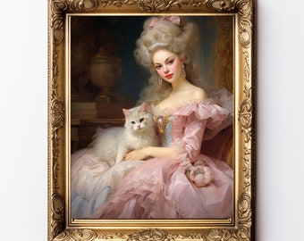 Marie Antoinette with Cat - Art Print - Oil painting, Rococo, Renaissance, Victorian, Pink, Vintage