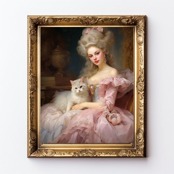 Marie Antoinette with Cat - Art Print - Oil painting, Rococo, Renaissance, Victorian, Pink, Vintage