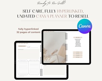 Self Care Undated Digital Planner, Hyperlinked Canva Template (PLR)