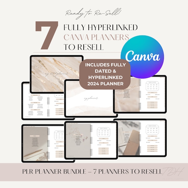 7 PLR Digital Planner Bundle To Resell, 2024 Horizontal Planner, PLR Products, Canva Pro Template, Master Resell Rights, Done For You