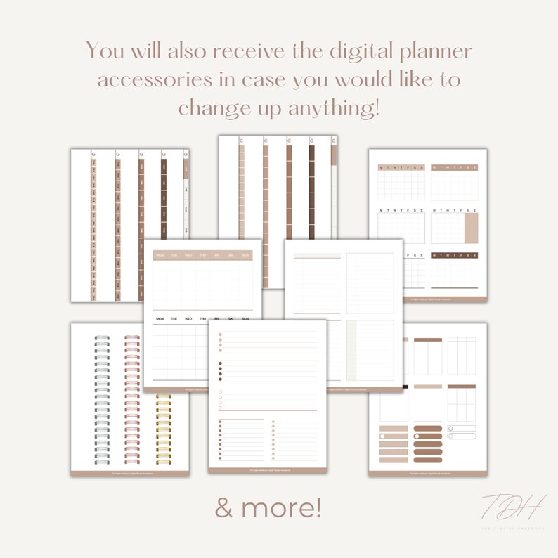 Op de afbeelding: Een digitale planner met verschillende pagina's, waaronder een weekplanner, een dagplanner en een notitiepagina. De planner is ontworpen in een minimalistische stijl met bruine en beige accenten. De tekst "& meer!" staat onderaan de afbeelding.