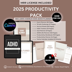 MRR PLR Produktivität Bündel Done-For-You Digitale Produkte mit Master Resell Right ADHD Planer Produktivität Habit Tracker Journal
