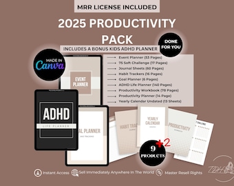 MRR PLR Productivity Planner Bundle: ADHD Planner, Habit Tracker (Digital Download, Canva Editable)
