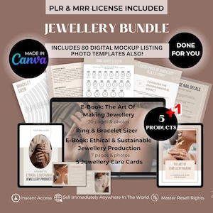 MRR DPP Bijoux Business Bundle Modèles d'ebooks modifiables Canva, tableau des tailles de bague, tableau des tailles de bracelet, cartes d'entretien des bijoux