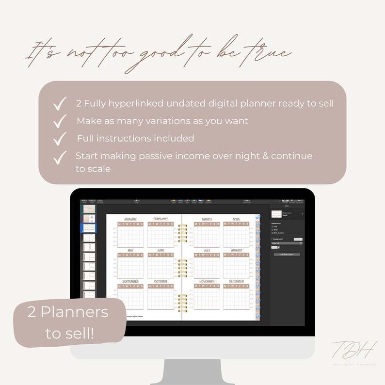 Op de afbeelding: Een computerscherm waarop een digitale plannertemplate wordt weergegeven met een beige en bruine kleurstelling. De planner is verdeeld in 12 maandelijkse secties, elk met een rasterindeling. De tekst "It's not too good to be true" wordt boven de afbeelding weergegeven. De tekst "2 Planners to sell!" wordt onder de afbeelding weergegeven.