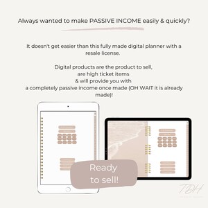 Op de afbeelding: Een digitale planner sjabloon met een strandachtergrond en secties voor een kalender, notities en een to-do lijst. De tekst "Ready to sell!" wordt weergegeven op de afbeelding.