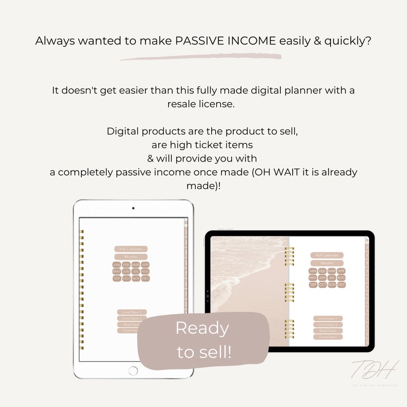 Op de afbeelding: Een digitale planner sjabloon met een strandachtergrond en secties voor een kalender, notities en een to-do lijst. De tekst "Ready to sell!" wordt weergegeven op de afbeelding.