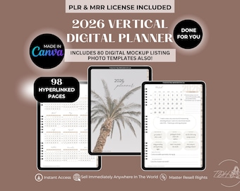 2026 Vertical Digital Planner Canva Template: PLR MRR, Hyperlinked Weekly Layout (Digital Download)