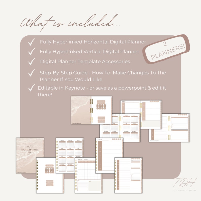 Op de afbeelding: Een digitale planner met twee opties: horizontaal en verticaal. De planner is volledig hyperlinked en bevat een stapsgewijze handleiding voor het aanbrengen van wijzigingen. Hij is bewerkbaar in Keynote of PowerPoint. De planner is beige met een strandscene op de omslag. De tekst "2 PLANNERS!" staat in een roze kader.