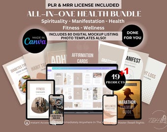 All Inclusive Mental Health Fitness Spiritual Manifestation PLR MRR Bundle Editable Digital Products Canva | Digital Planner Journal Bundle