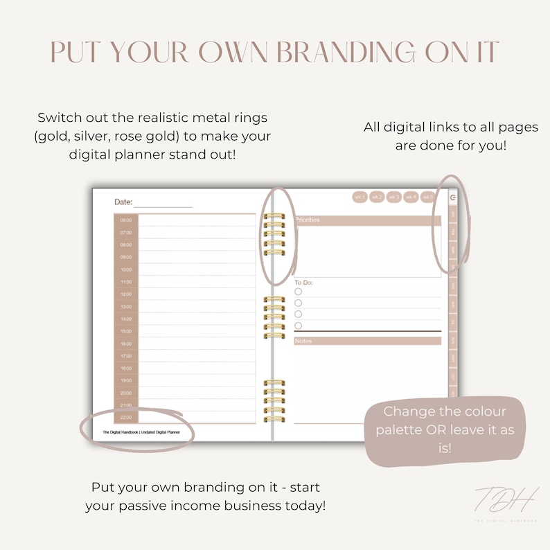 Op de afbeelding: Een digitale planner mockup met een neutrale kleurenpalet. De planner heeft een gouden spiraalbinding en bevat een datumkolom, een to-do-lijst en een notitiegedeelte. De tekst "Zet je eigen branding erop - start vandaag nog je passieve inkomstenbedrijf!" staat onderaan de pagina.