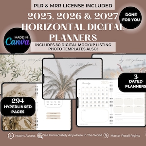 May include: Digital planners for 2025, 2026, and 2027 are displayed on tablets. The image includes the text "294 Hyperlinked Pages" and "3 Dated Planners." The planners are designed in Canva and include 80 digital mockup listing photo templates.