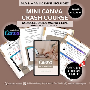Könnte beinhalten: Ein digitales Produkt-Mockup eines Canva-Crashkurses mit 80 digitalen Mockup-Listing-Fotovorlagen. Der Kurs umfasst Lektionen zur Navigation im Arbeitsbereich, zum Speichern und Teilen von Projekten, zum Hinzufügen digitaler Produkte zu einem Shop, zum Sperren von Designelementen und zur Verwendung des Positionierungswerkzeugs. Der Kurs ist für kostenlose und Pro-Benutzer verfügbar. Der Text "Ein Kurs, den Sie weiterverkaufen können" wird in einem Kreis mit einem Plus-Eins-Symbol angezeigt.