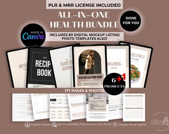 Health Digital Product Bundle: Ebooks, Guides, Journals, Trackers (Canva Editable, MRR PLR)