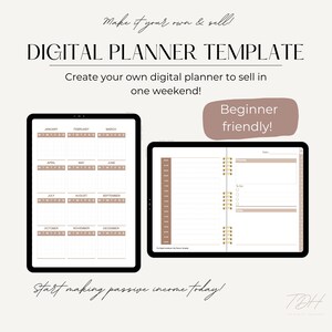 May include: A digital planner template on a tablet screen. The template includes monthly calendar pages and a daily planner page. The text on the screen reads "The Digital Method Of Planner Templates". The text on the screen reads "Beginner friendly!" and "Start making passive income today!"