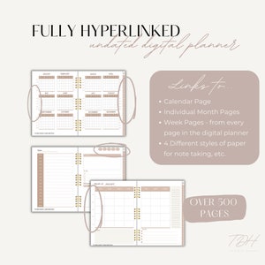Op de afbeelding: Een digitale planner met meer dan 500 pagina's, met een kalender, maandelijkse en wekelijkse weergaven en vier verschillende papierstijlen voor het maken van notities. De planner is volledig hyperlinked, waardoor het gemakkelijk is om tussen pagina's te navigeren.