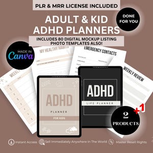 May include: Two digital planner designs for adults and kids with ADHD. The adult planner is black with white text and the kid planner is beige with colorful illustrations. Both planners feature the text "ADHD Life Planner".